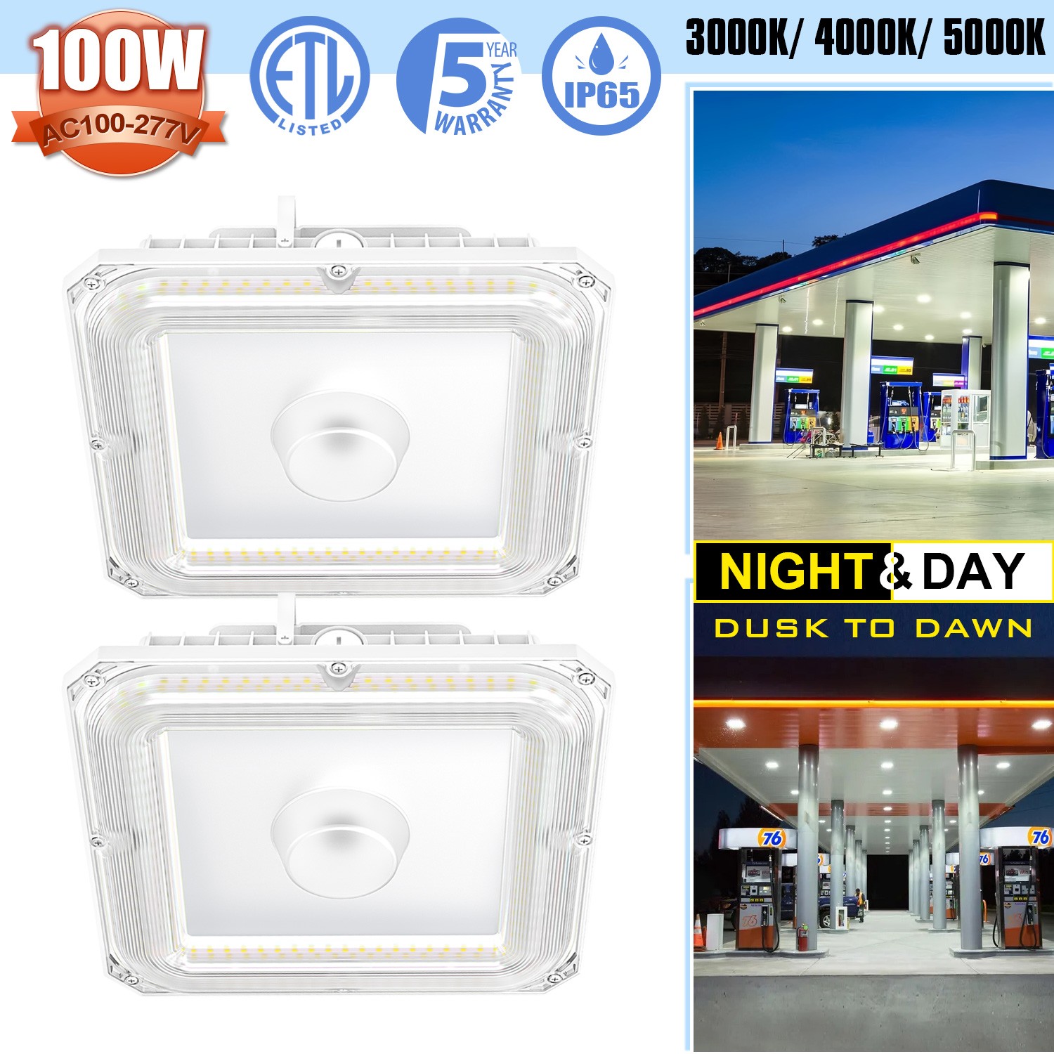 2 PACK 100W LED Canopy Light Ourtdoor Gas Station Parking Lot Lighting 13,500LM
