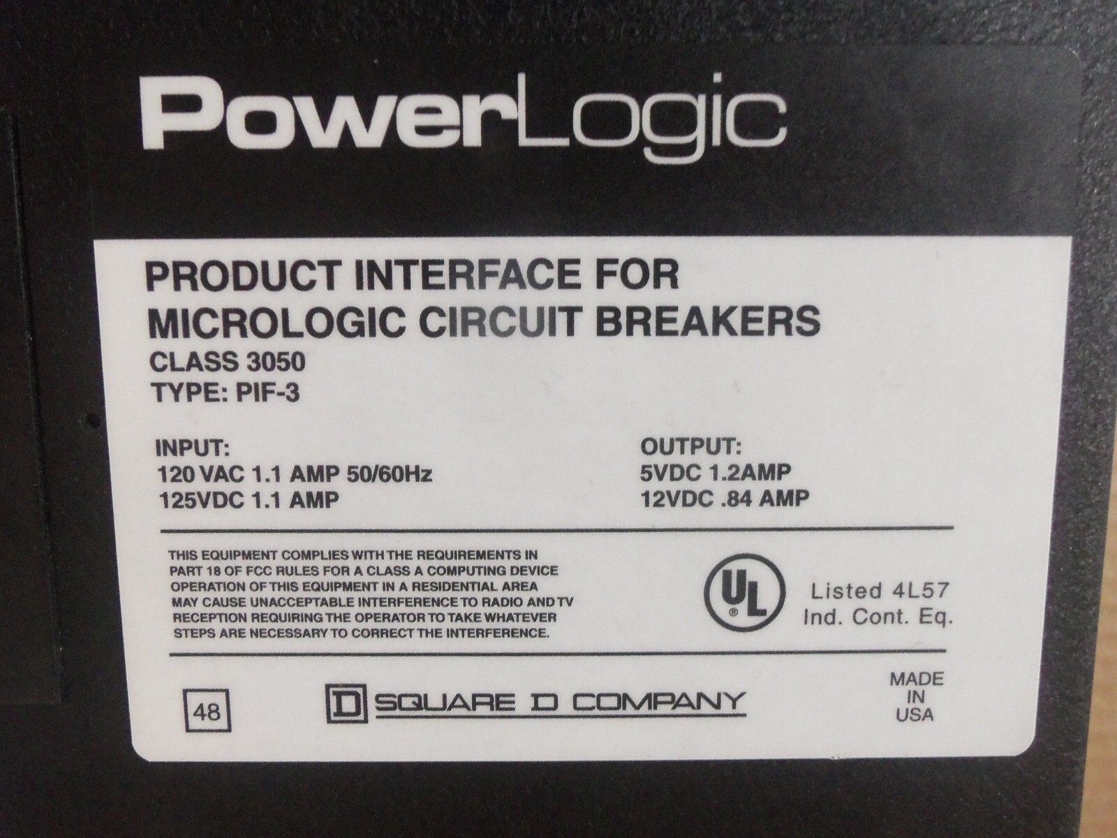 SQUARE D 3050PIF-3 PRODUCT INTERFACE for MICROLOGIC CIRCUIT BREAKERS