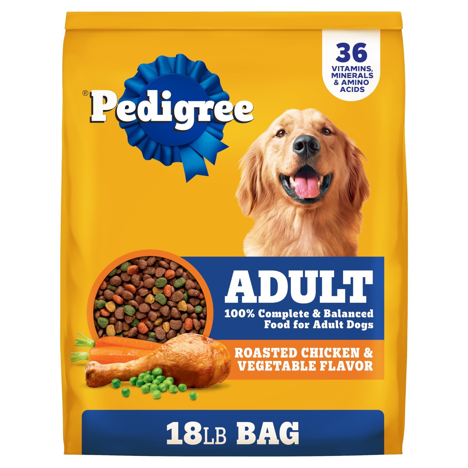 3 PACK Pedigree Adult Dry Dog Food, Roasted Chicken & Vegetable, 18 lb