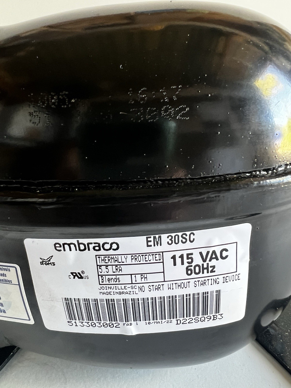 Embraco EM30SC Refrigerator Compressor – 115V, 60Hz – Brand New
