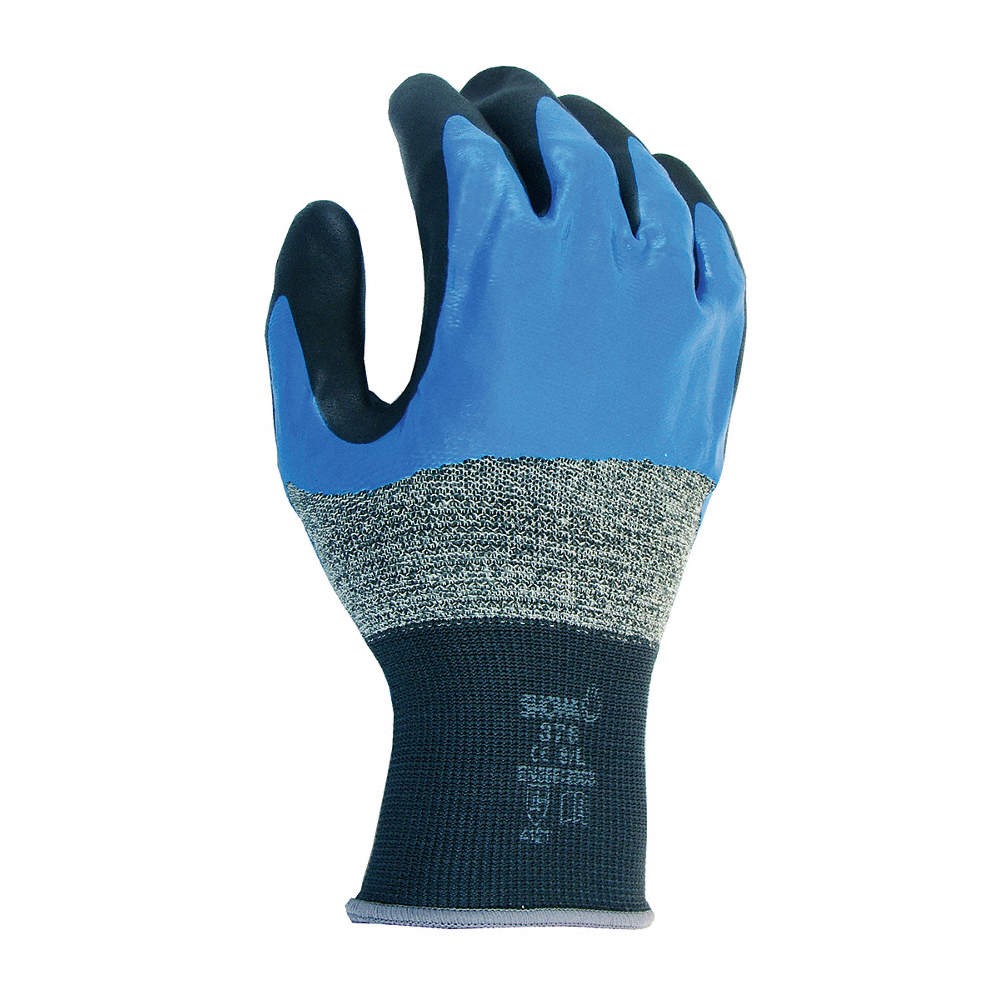 SHOWA 376XXL-10 Coated Gloves,Black/Blue,2XL,PR 18F253