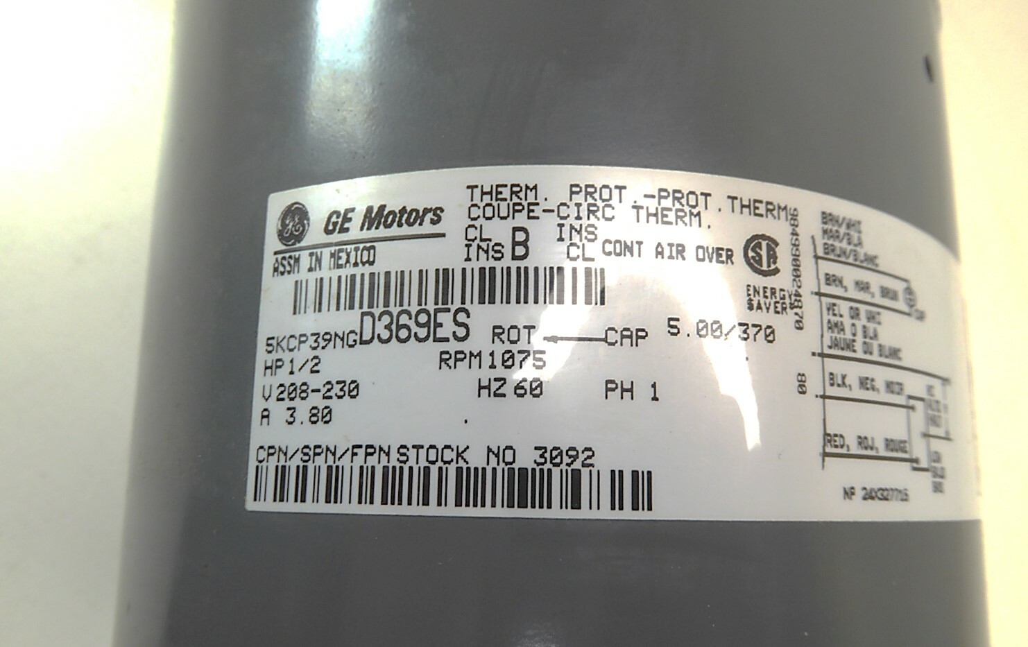 GE 5KCP39NGD369ES 1/2HP 1075RPM 208-230V Stock #3092 NEW IN BOX