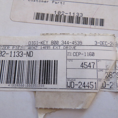 CUI CEP-1160 Qty of 30 per Lot Buzzers Transducer, Externally Driven Piezo 10 V
