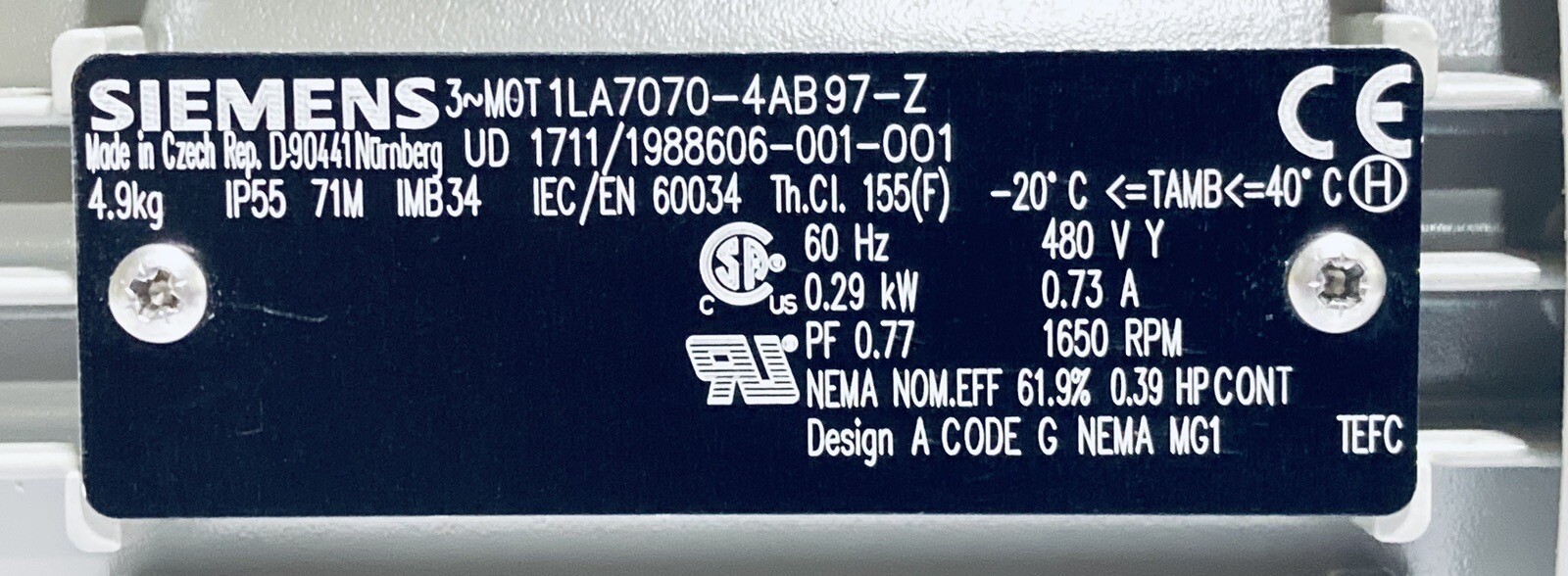SIEMENS 1LA7070-4AB97-Z AC MOTOR 0.29kW 480V 0.73A 60Hz 3PH 1650RPM
