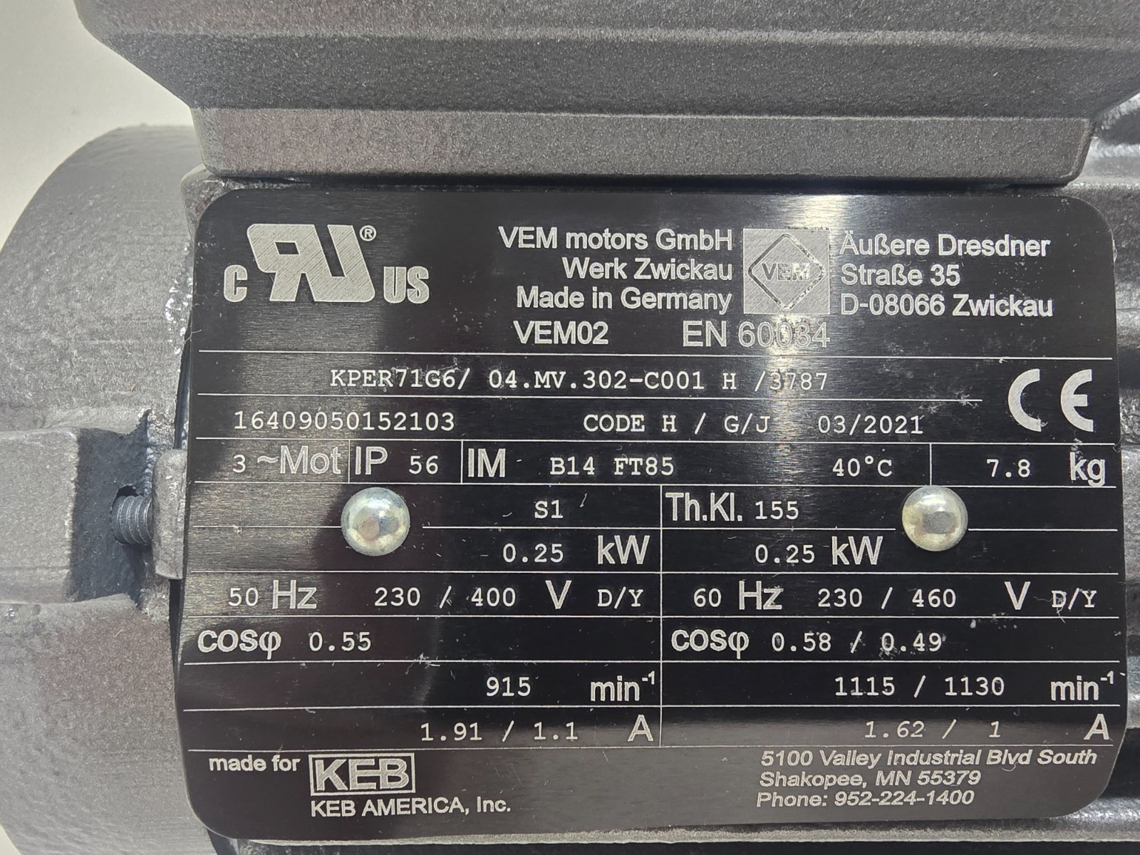 NEW OLD STOCK! KEB AMERICA 0.25KW AC MOTOR KPER71G6