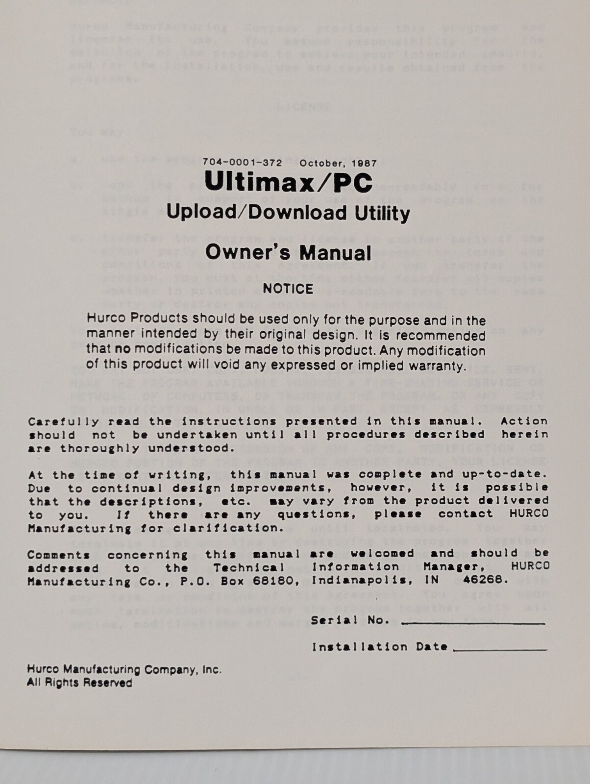 Hurco Products 704-0001-372 Ultimax/ PC Upload/ Download Utility Owner’s Manual