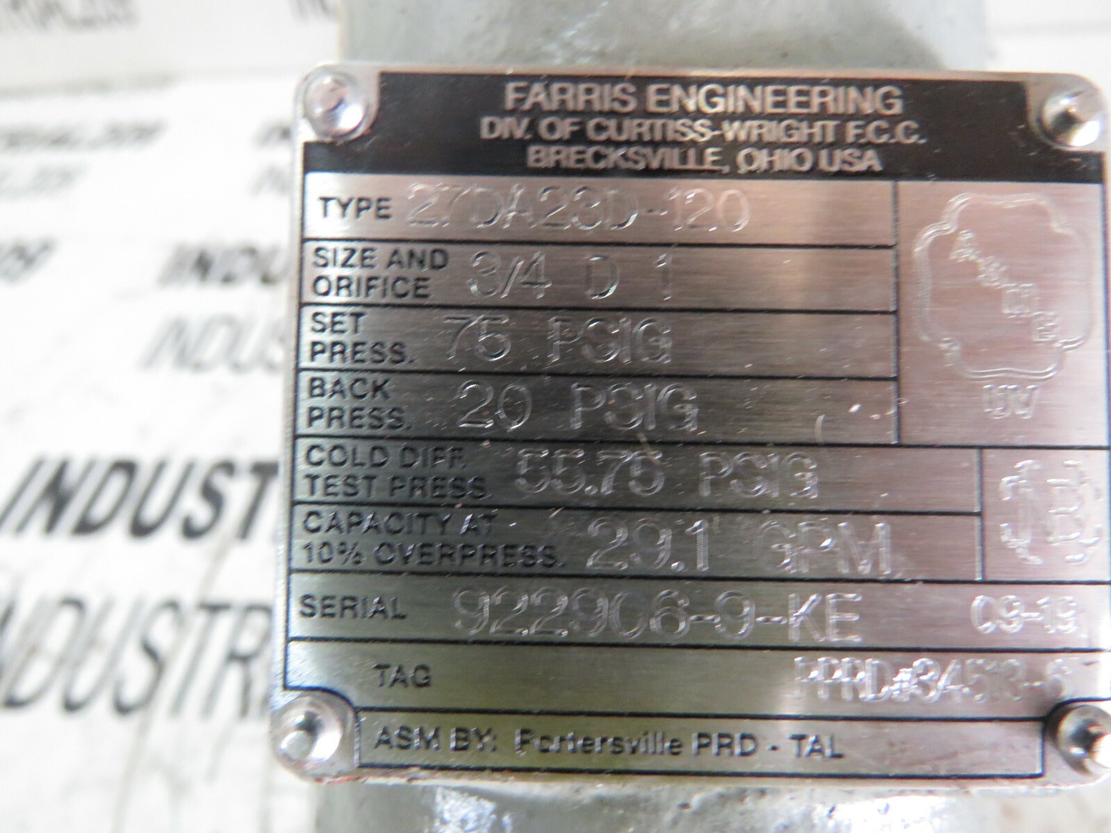 FARRIS VALVE 27DA23D-120 SIZE 3/4 NEW COSMETIC DAMAGE