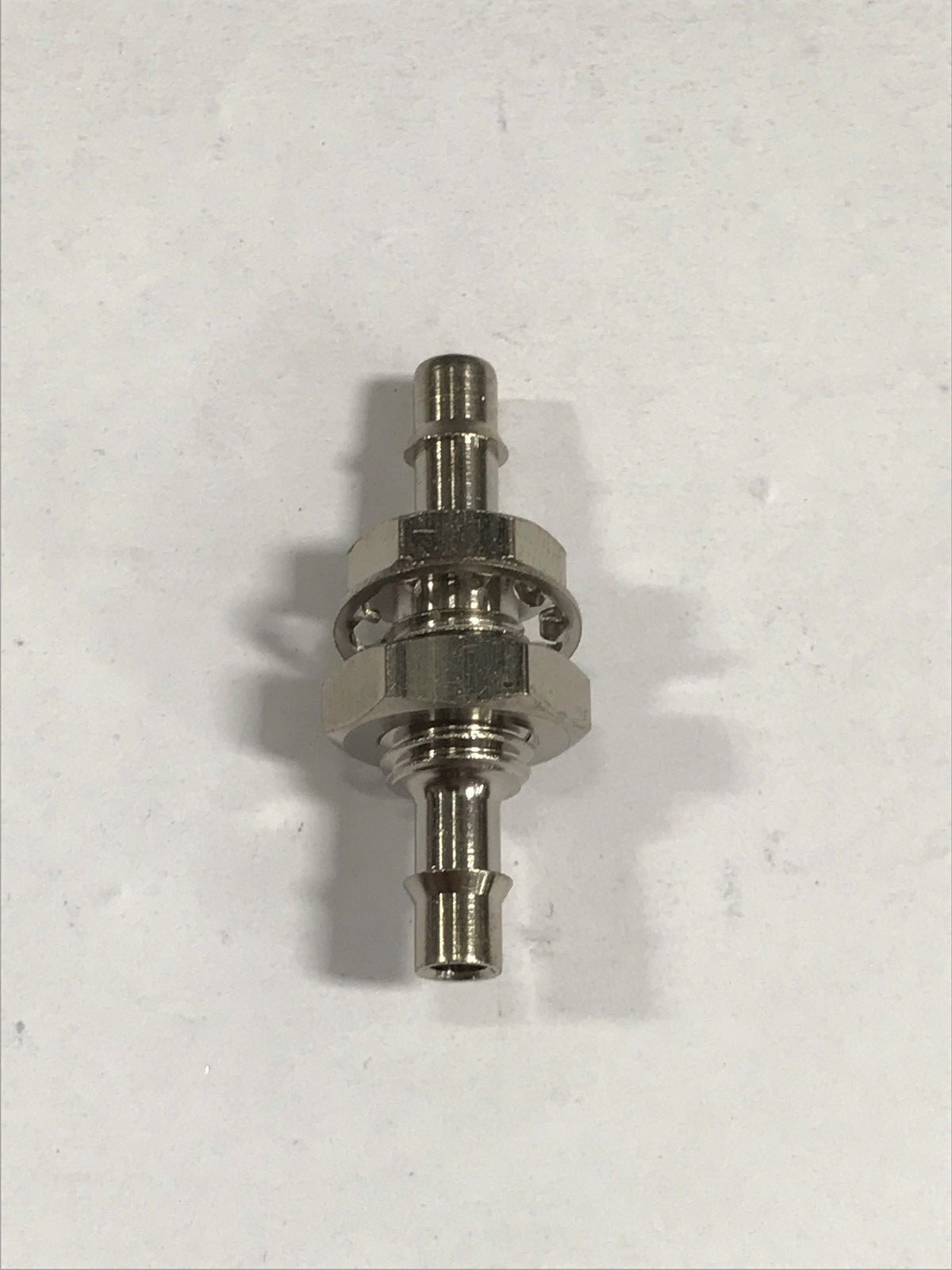 Nickel plated brass bulkhead fitting, 1/4-28 UNF thread to 1/8 ID tubing barbs