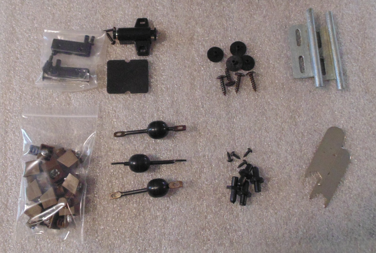 ASSORTED LOT OF BUSH CABINET HARDWARE, HINGES, BOLTS, TITUS FASTENER, CLOSURES