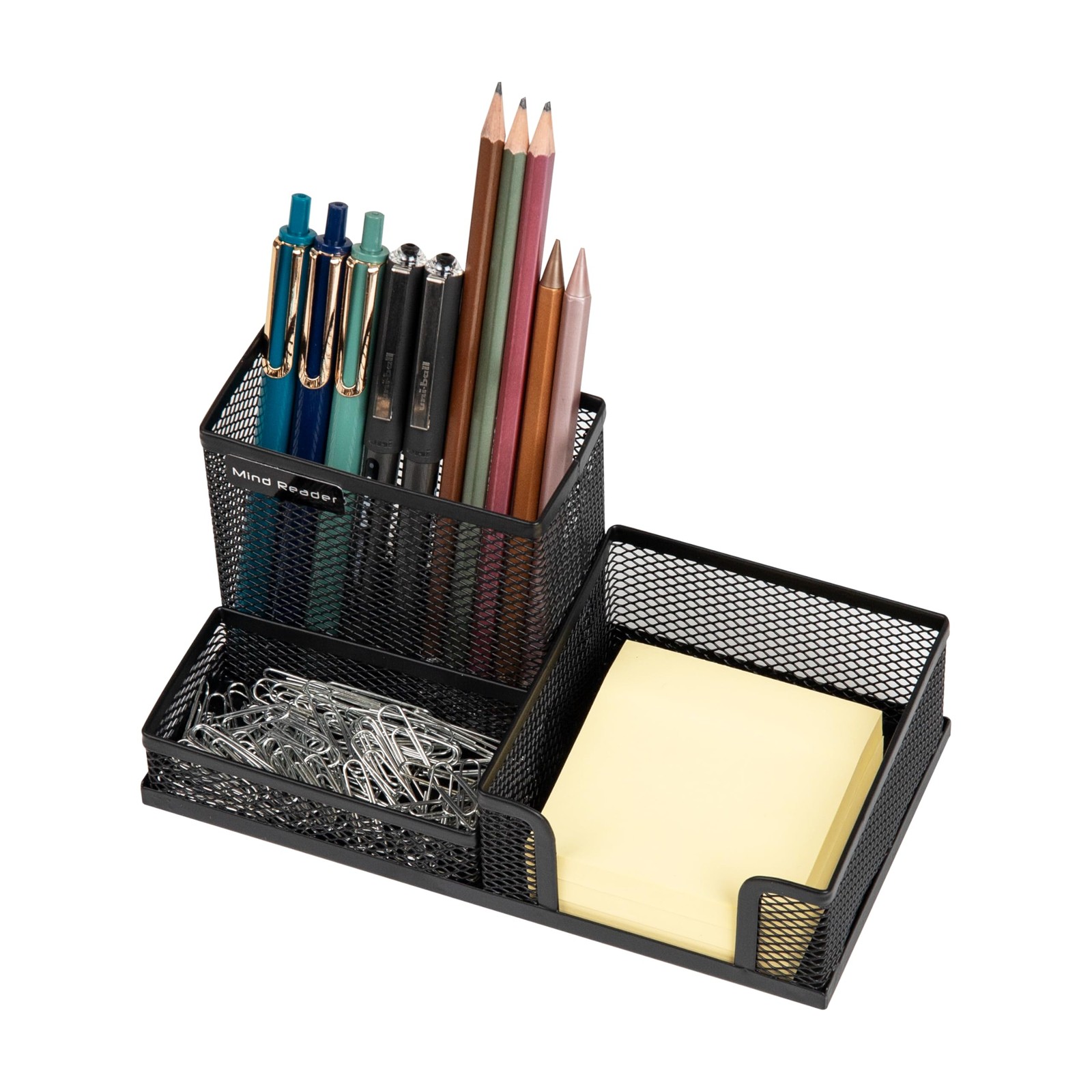 Mind Reader Desktop Organizer, Pen Holder, Clip Basket, 3 Compartments, Black