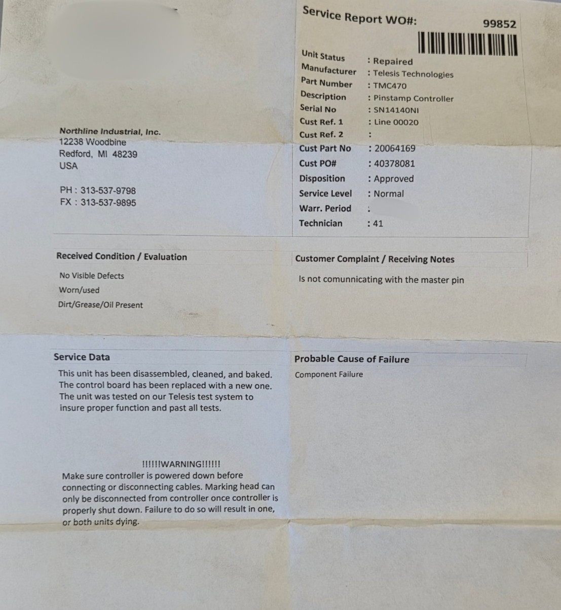 Telesis TMC470 Pinstamp Marking System Controller – Tested