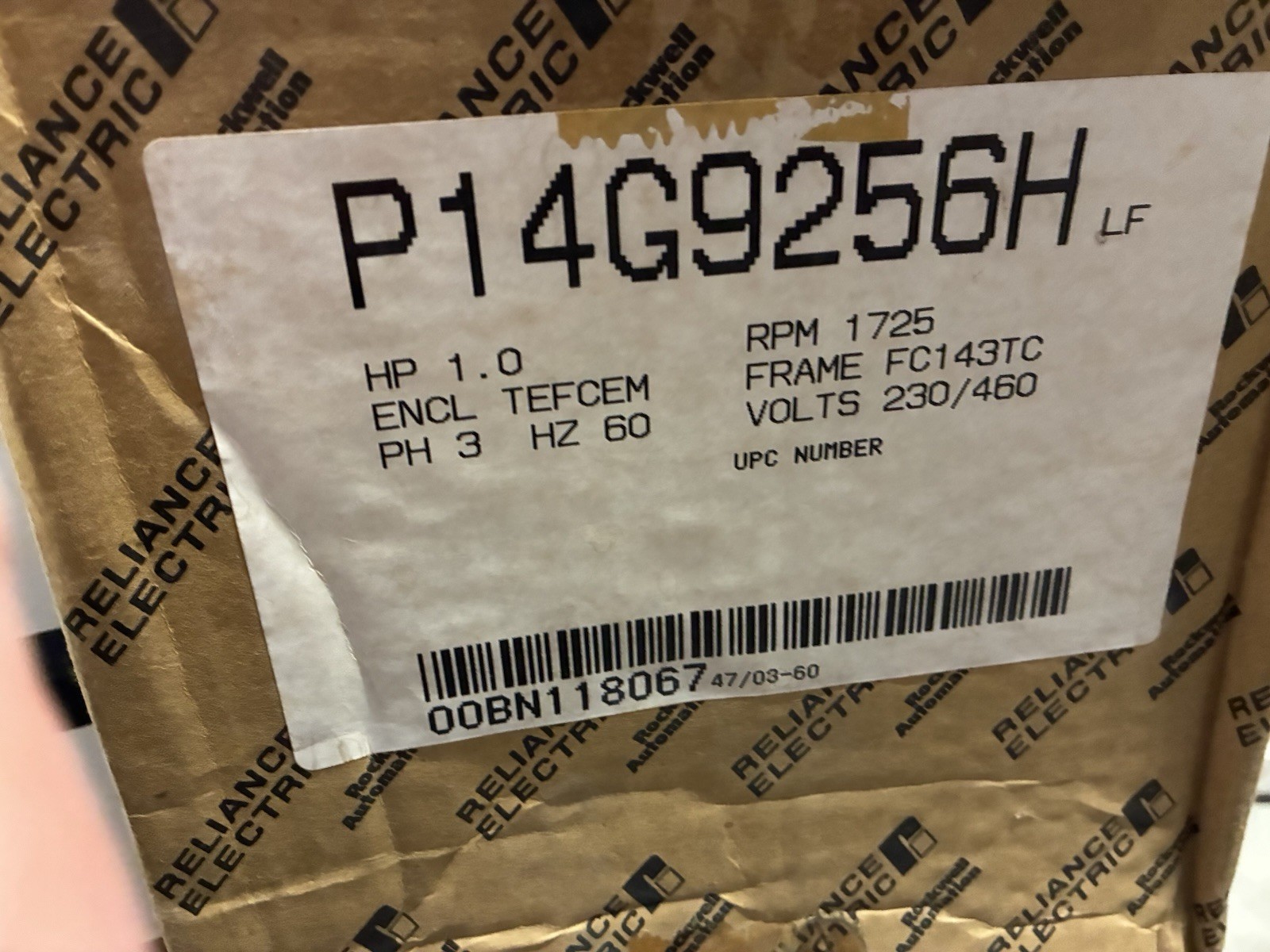 New In Box Reliance Electric Motor P14G9256H 1hp 1725rpm, FC143TC, 230/460V, 3ph