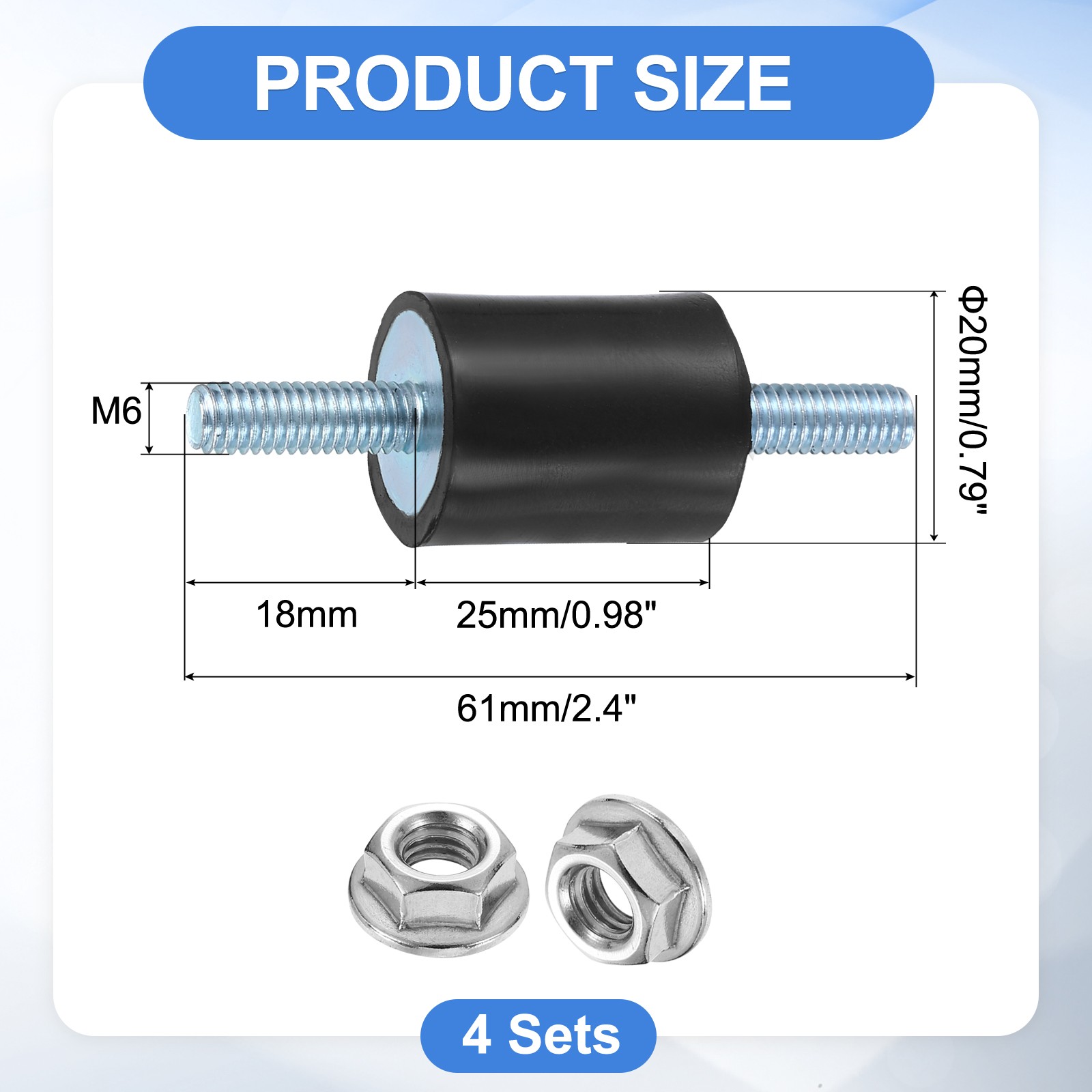 4Pcs M6 x 18mm Rubber Mounts 25 x 20mm Rubber Vibration Isolator with Nuts