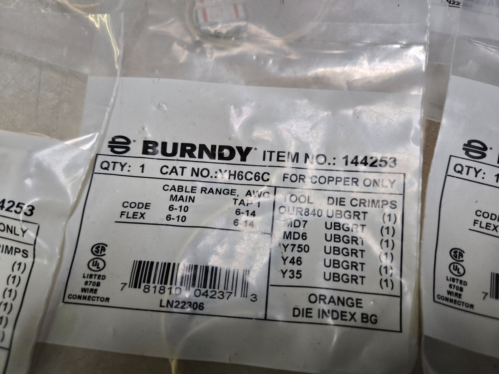 Lot of 6 ~ Burndy YH6C6C ~ Wire Connector ~ 144253 ~ Still sealed!