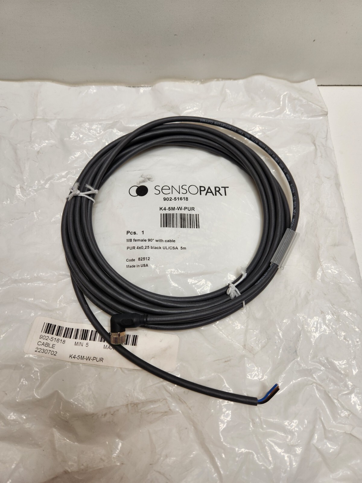 NEW OLD STOCK! SENSOPART 5 METER M8 FEMALE 90 DEGREE CONNECTOR CABLE K4-5M-W-PUR