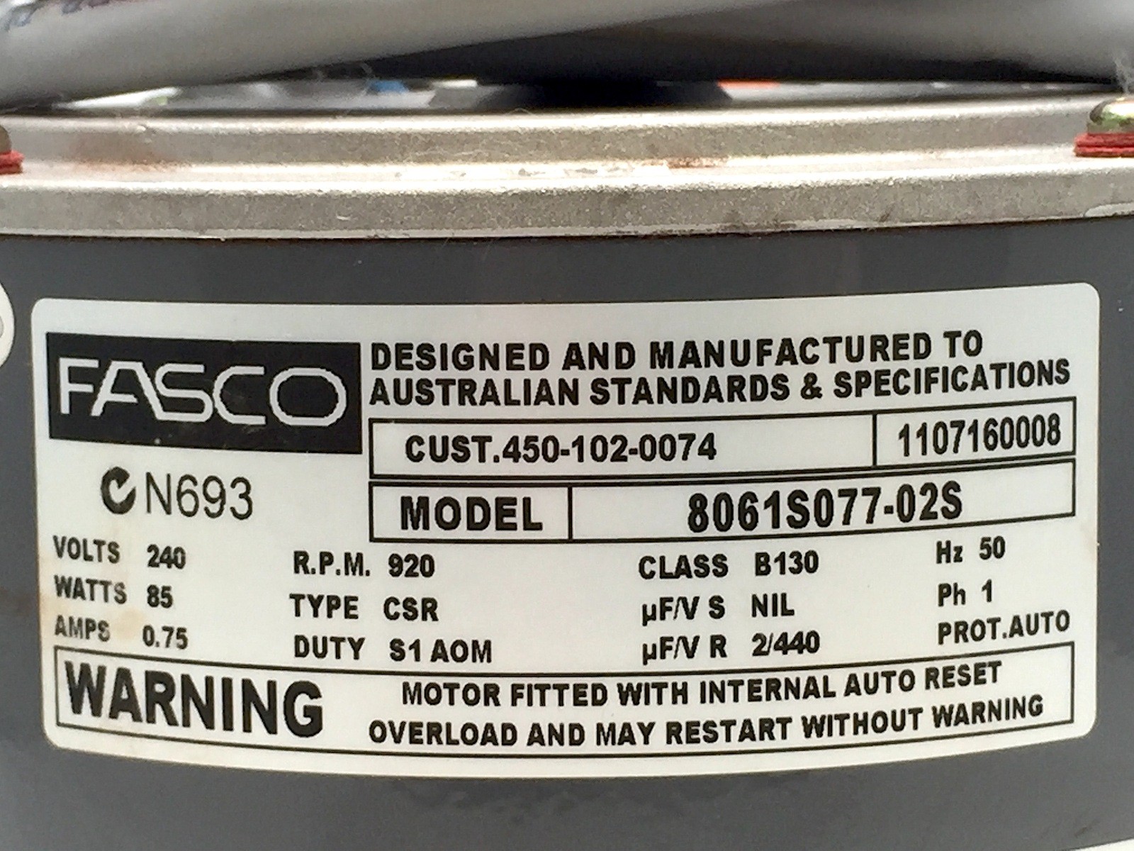 Fasco 8061S077-02S Fan Motor A/C 240V 85W 0.75A 920 RPM Single Phase