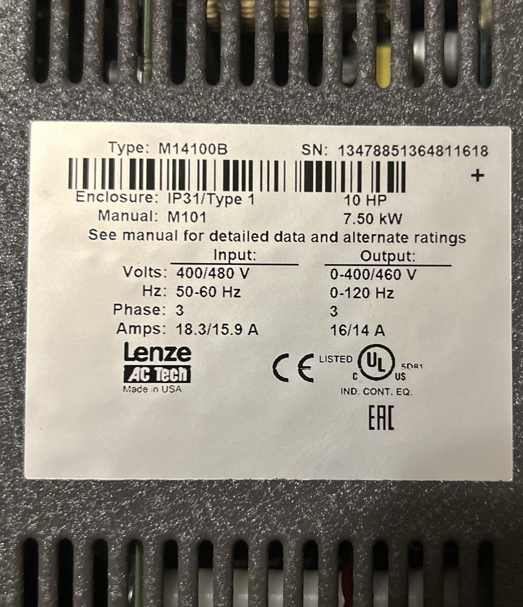 LENZE AC TECH Intelligent Drive MC Series 10HP 7.5KW VFD M14100B
