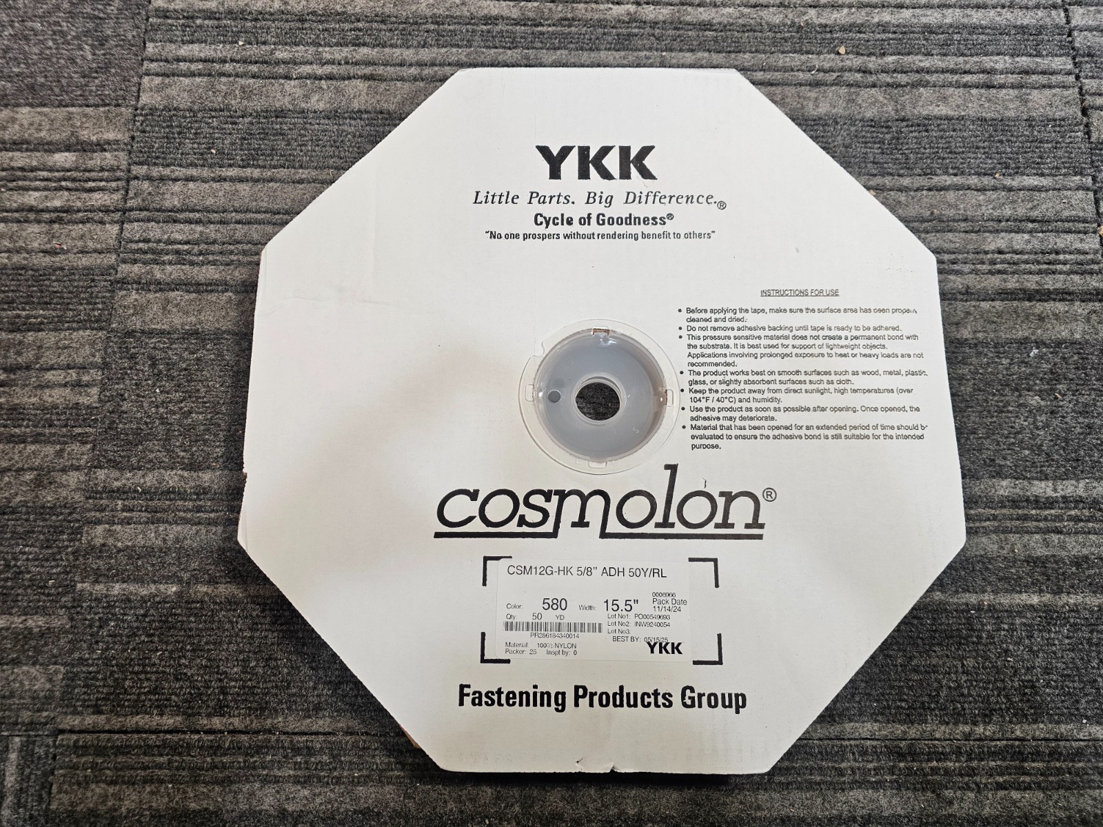YKK Cosmolon PR286184340014 CSM12G-HK 5/8″ ADH Closure Tape 50 Yard, Nylon