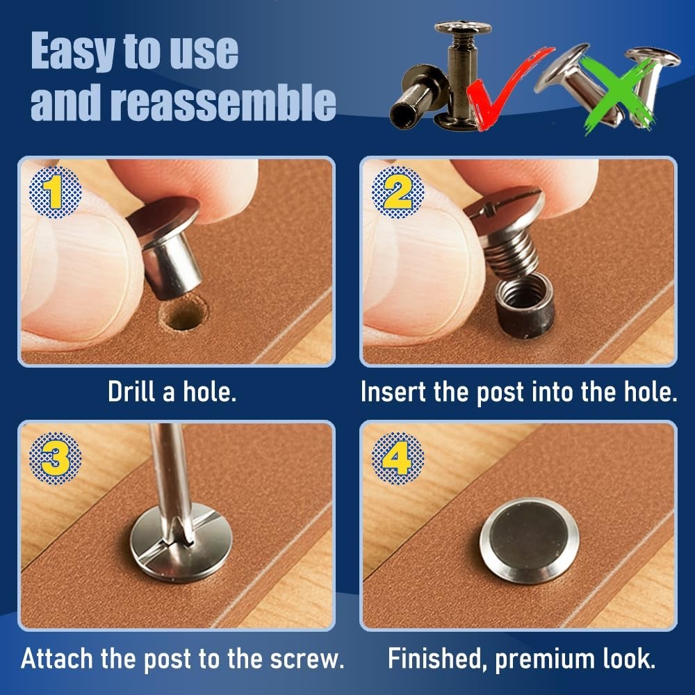170 Sets Gold Chicago Screws Leather Rivets Kit, 8 Sizes (M5*4,5,6,8,10,12,15,18