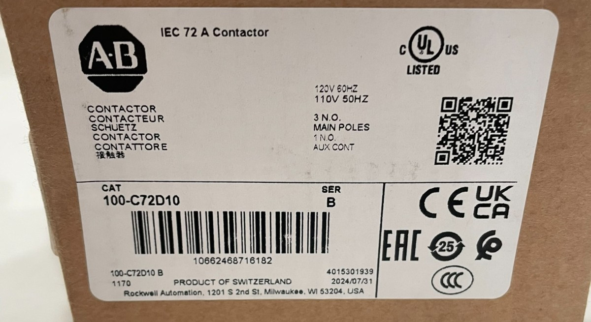 ALLEN BRADLEY 100-C72D10 CONTACTOR SER. B 100C72D10 NEW, SURPLUS