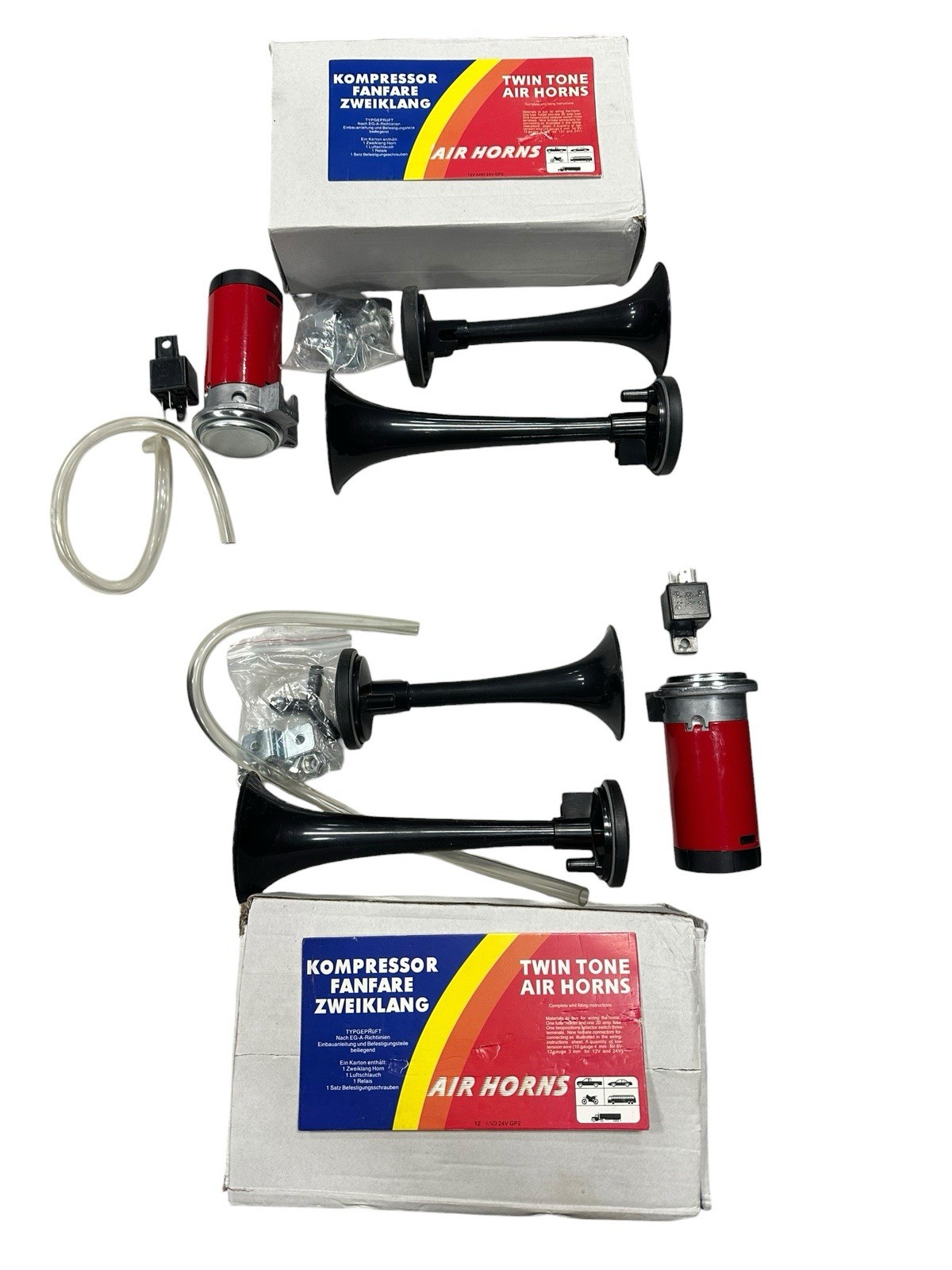 Kompressor Fanfare Zweiklang Twin Tone Air Horns 12V & 24V GP2 Set of 2 NEW
