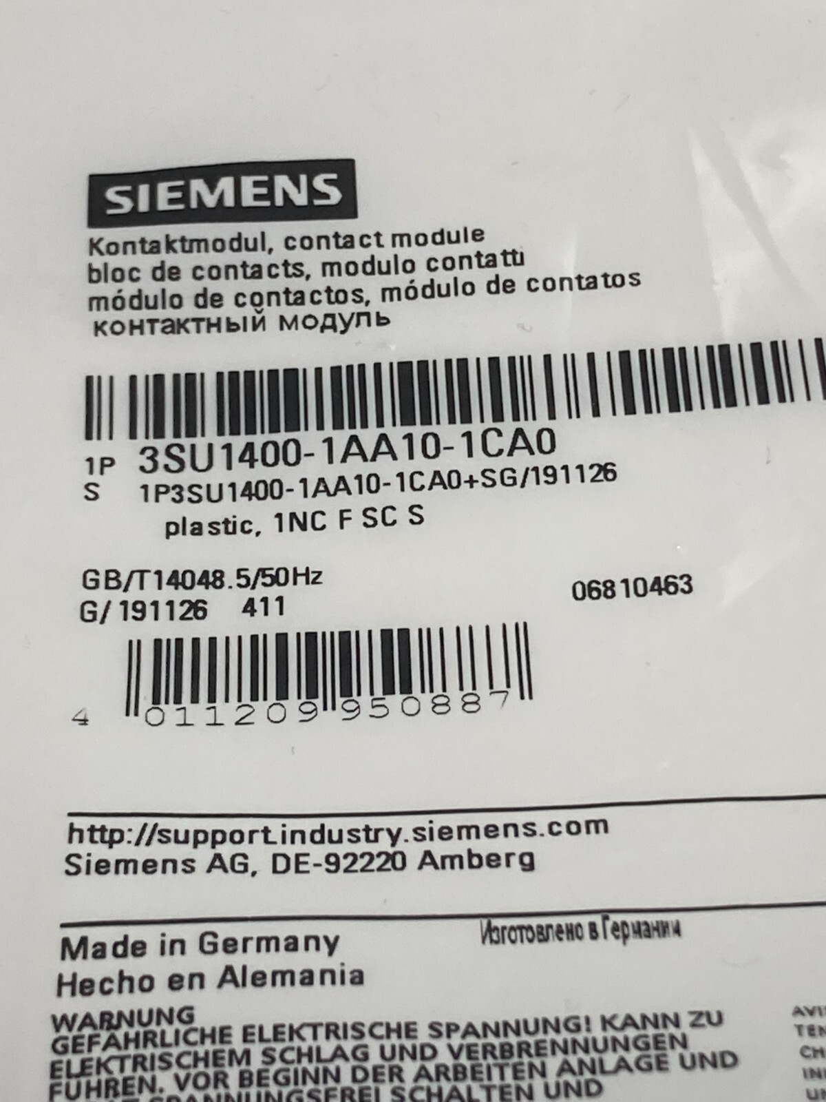 SIEMENS 3SU1400-1AA10-1CA0 CONTACT BLOCK 1NC NIB