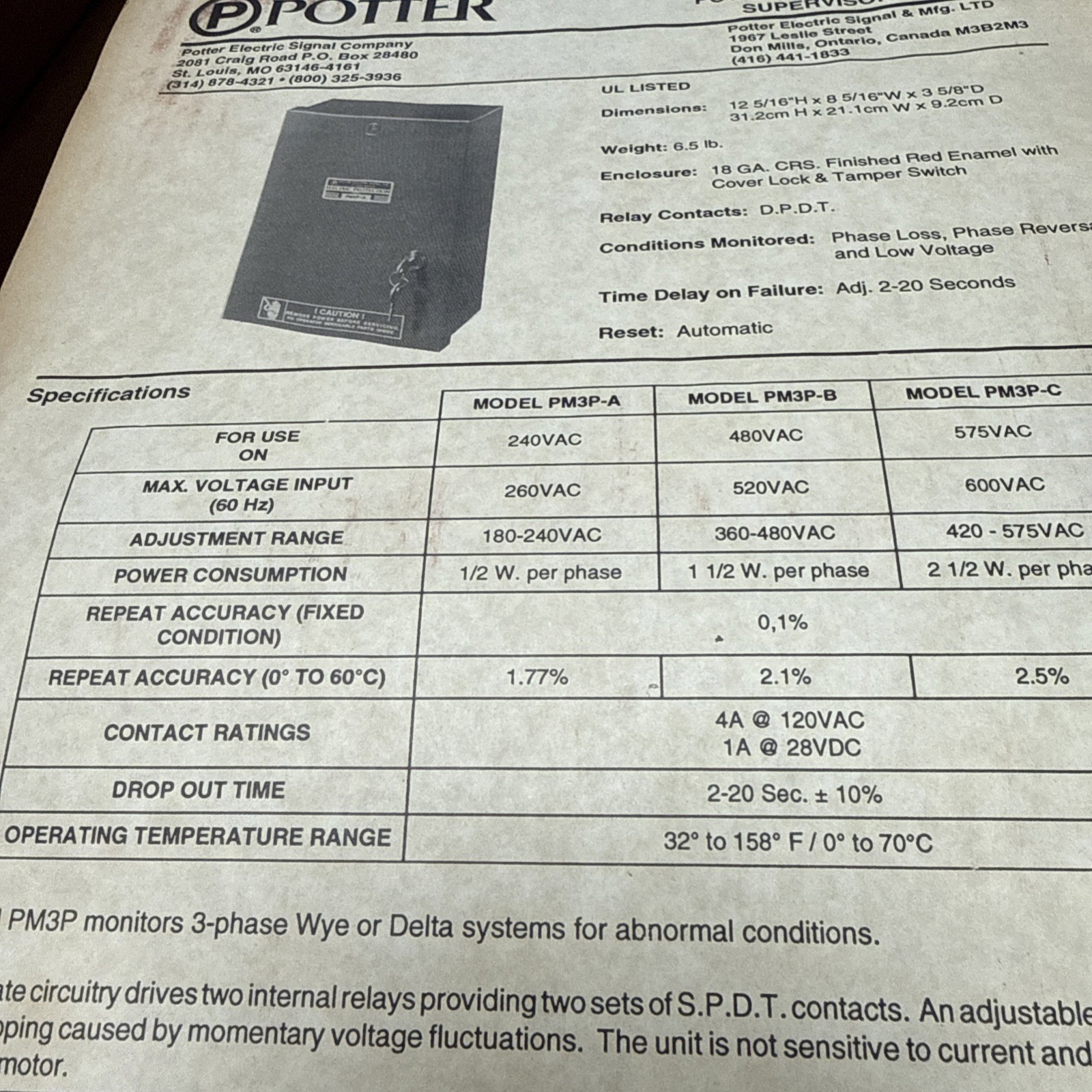 Potter PM3P-A Power Monitor 240V 60hz 1/2 w per phase 3 Phase supervisory Unit