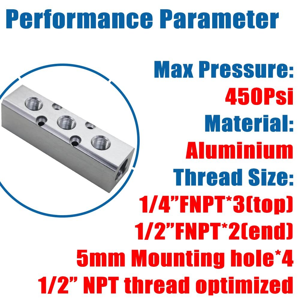 Air Manifold 3 Way 5 Port 1/2″ NPT Supply 1/4″ NPT Outport Aluminum 1Pcs
