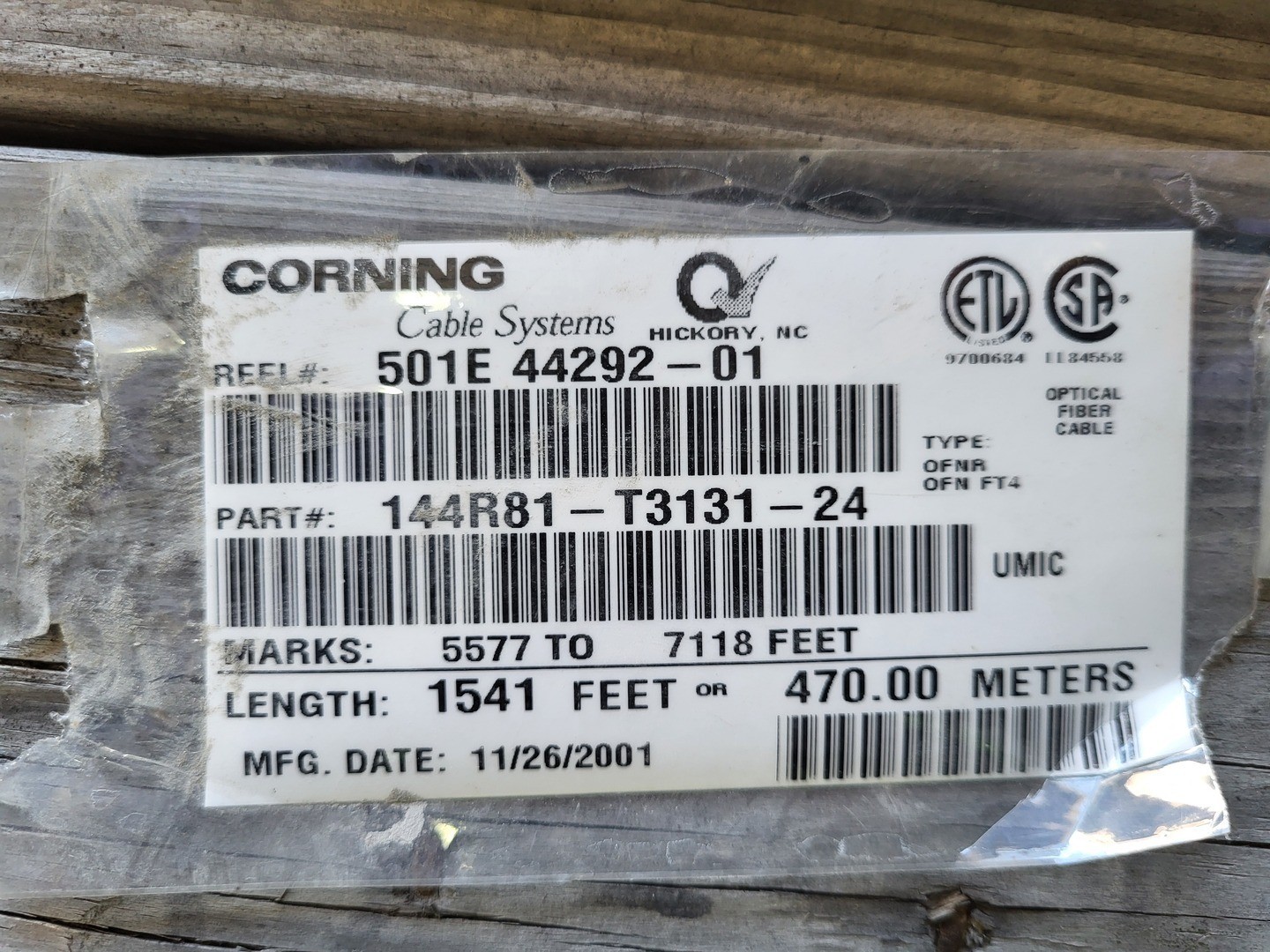 SURPLUS NEW 2001 Corning 144R81-T3131-24 Tight-Buffered Fiber Optic Cable
