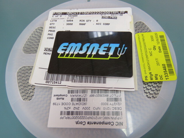 NIC COMPONENTS NMCH1210NPO222G200TRPLPF Qty of 3000 per Lot Cap Ceramic 0.0022u