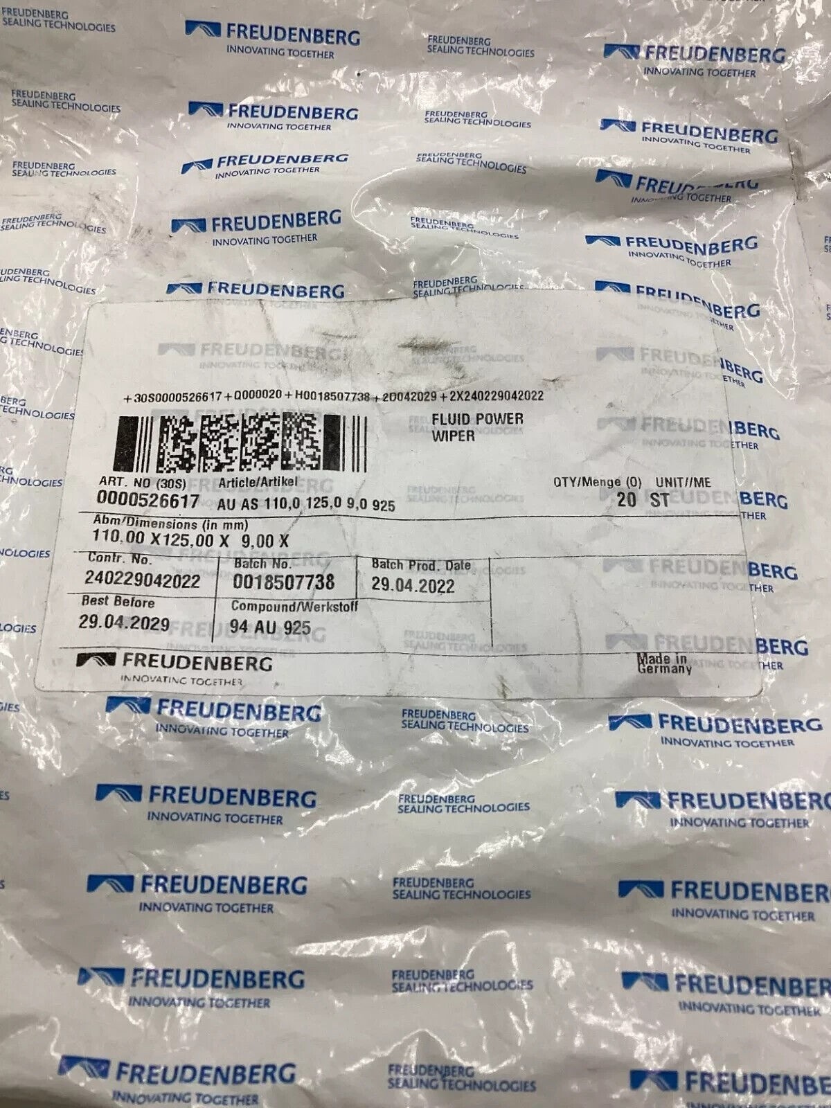(Pack of 20) Freudenberg AU AS 110x125x9x9.25 Hydraulic Rod Wiper 0000526617