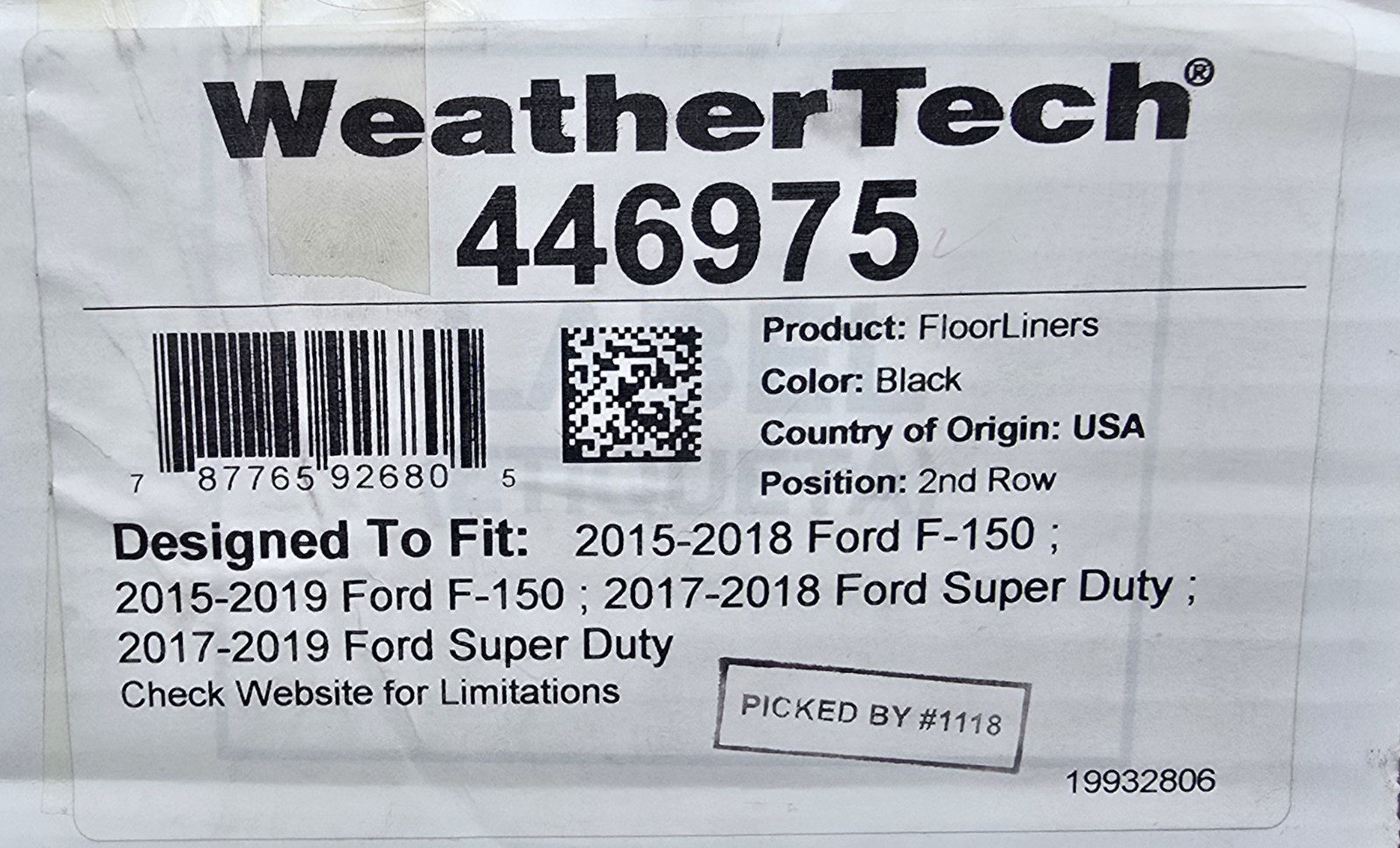 WeatherTech 446975 FloorLiner Mat 2nd Row 15-24 Ford F150 Super Duty