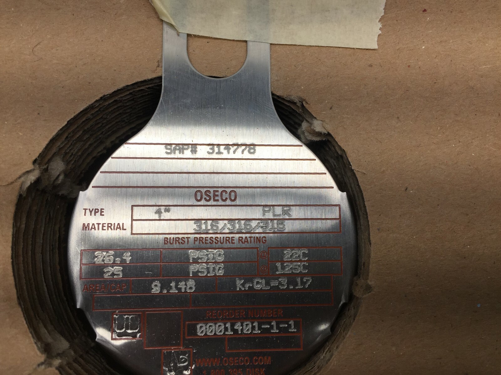NEW IN BOX OSECO PLR 4″ 316SS 26.40PSIG RUPTURE DISK 314778 / 1401-1-1