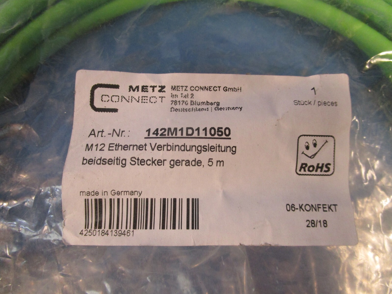 METZ CONNECT 142M1D11050, Sensor Cable, Ethernet, M12 Plug, 4 Way, M12 Plug
