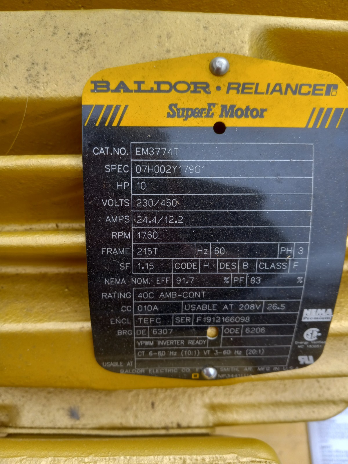 10 HP BALDOR RELIANCE SUPER E MOTOR EM3774T 1760 RPM 215T FRAME