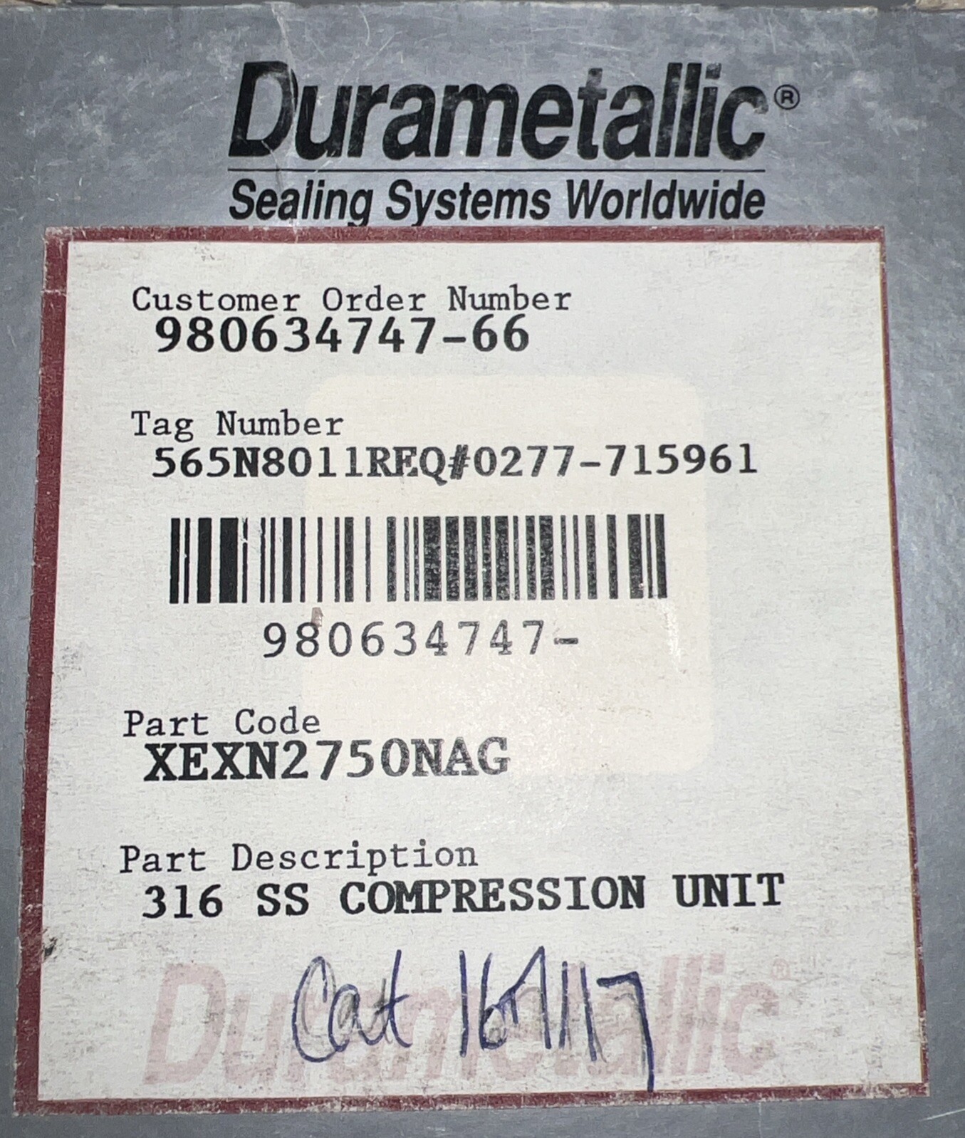 DURAMETALLIC XEXN2750NAG 316 SS COMPRESSION UNIT