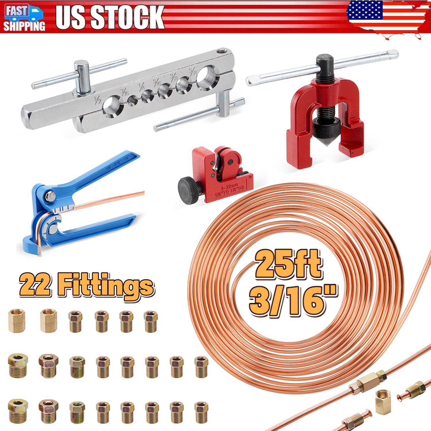 25Ft 3/16″ Copper-Coated Brake Line Kit With 16 Fittings, 2 Union + 4 Nut Set