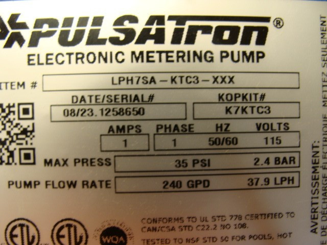 PULSATRON SERIES E PLUS METERING PUMP LPH7SA-KTC3-XXX 240GPD @ 35PSI 115VAC
