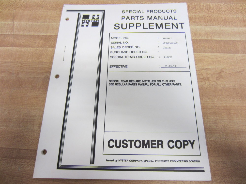 Hyster H100XL2 1999 Parts Manual Supplement Customer Copy Hy-H100XL2