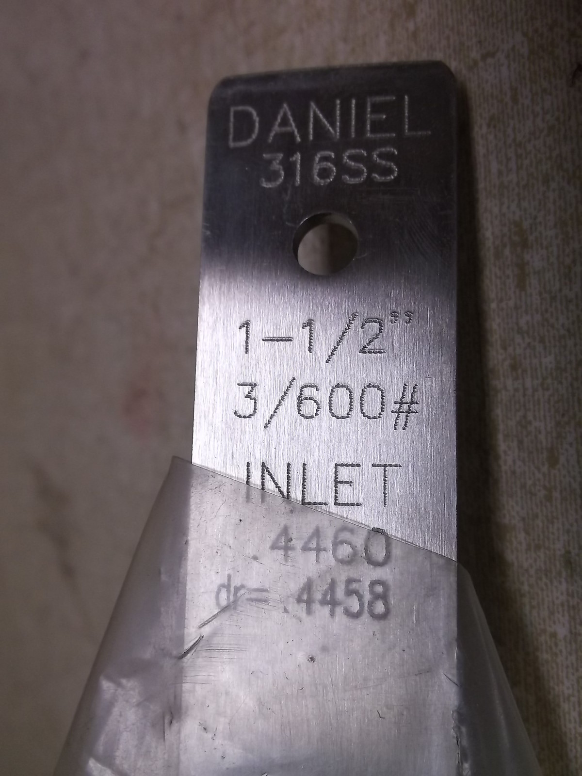 Daniel 316 SS Stainless Steel Orifice Plate 1-1/2″ 3/600 Inlet .4460 DR=.4458