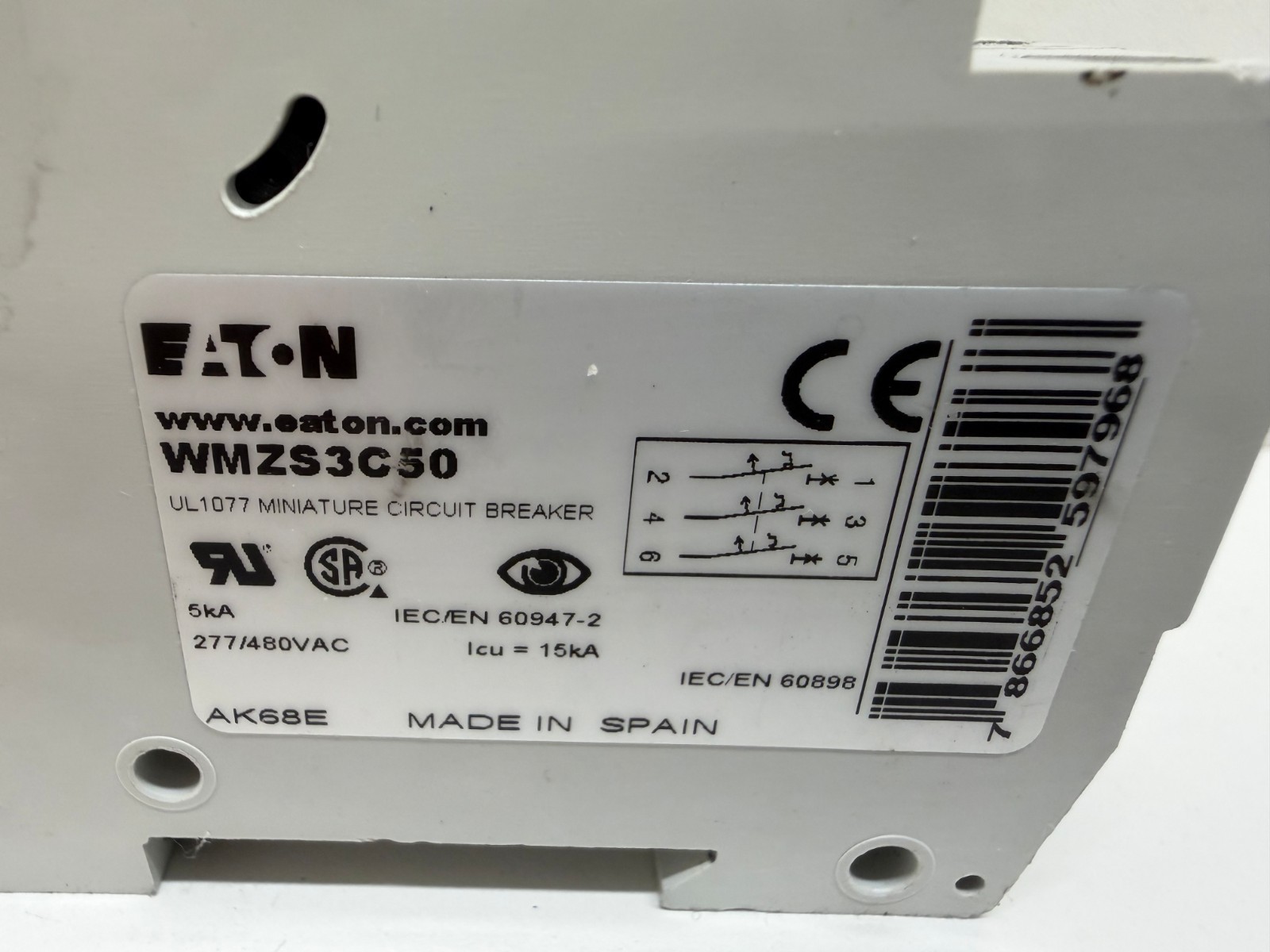 GOOD USED! EATON 50A 277/480V 3P MINIATURE CIRCUIT BREAKER WMZS3C50