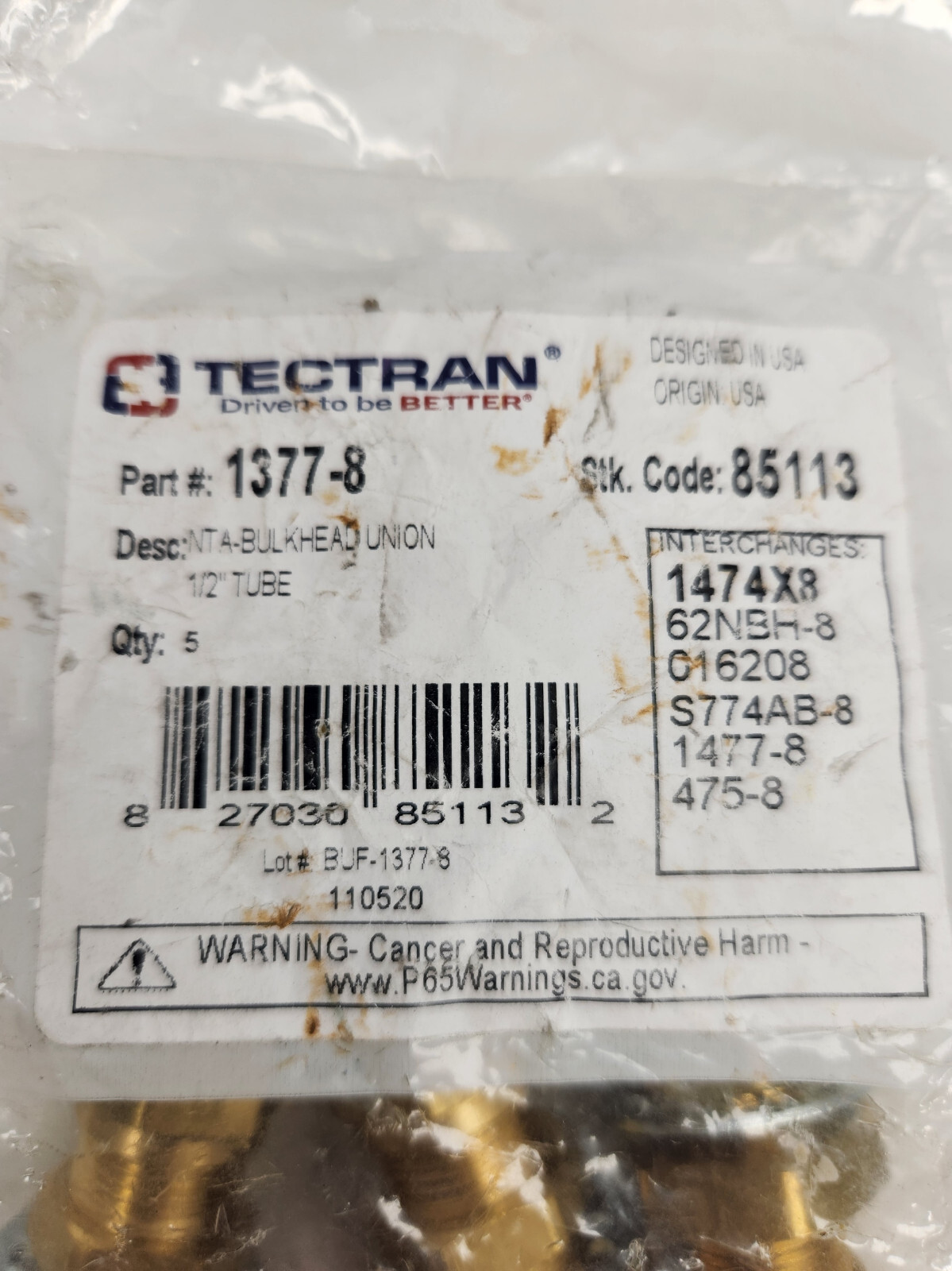 Tectran bulkhead Union 1/2inTube 1377-8 (Pack of 5)
