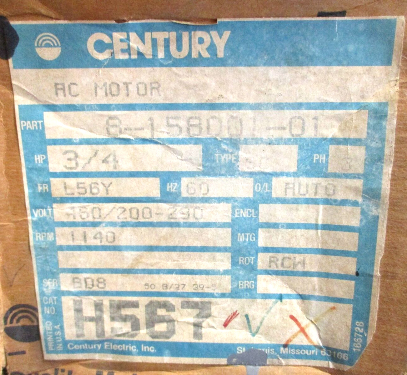 CENTURY ELECTRIC MOTOR , 8-158001-01 , 3/4-HP , 1140-RPM