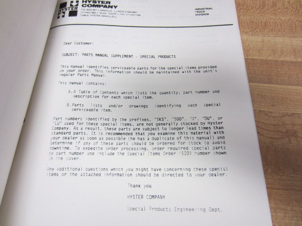 Hyster H100XL2 1999 Parts Manual Supplement Customer Copy Hy-H100XL2