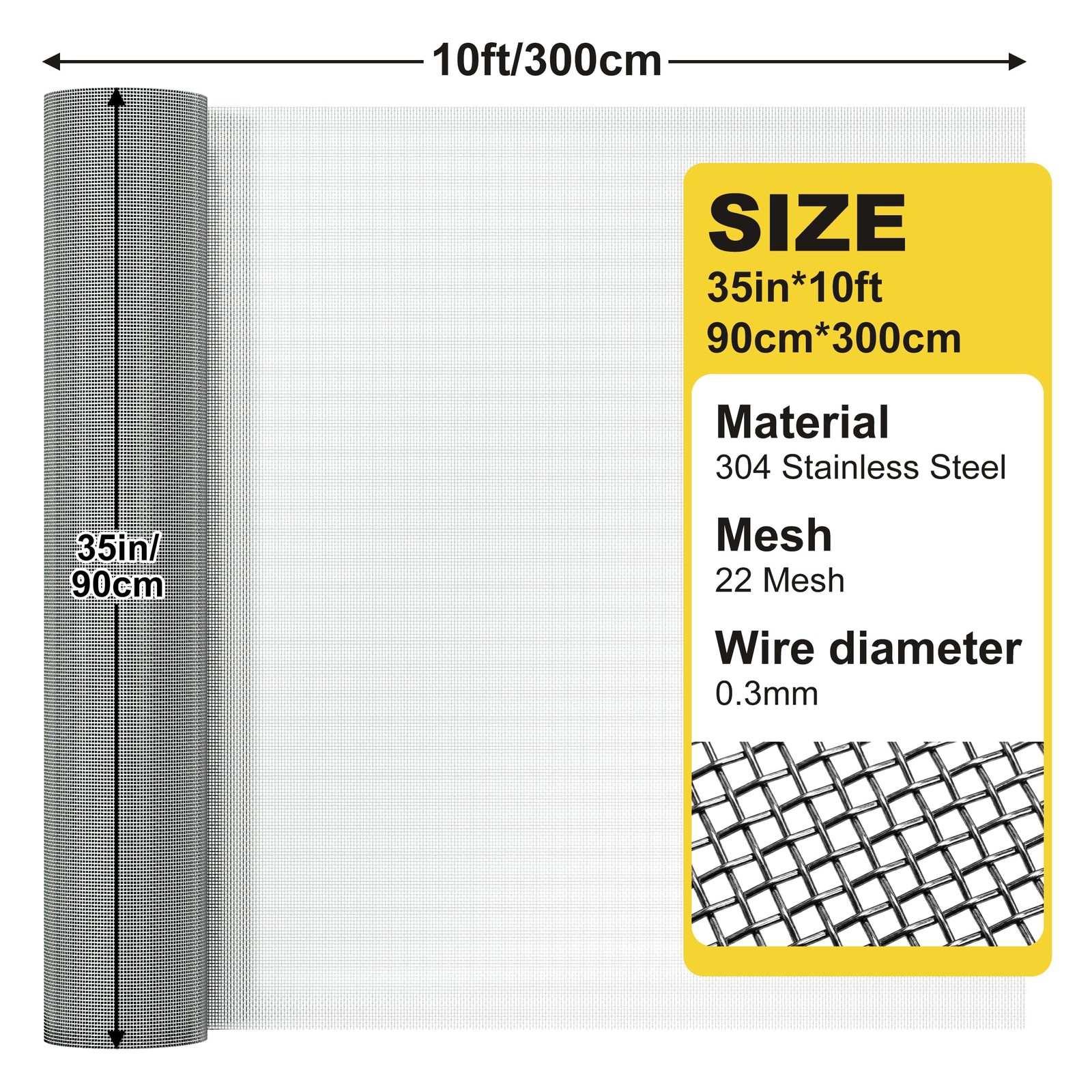 fowong 304 Stainless Steel Mesh Window Screen Roll 35IN x 10FT, Silver