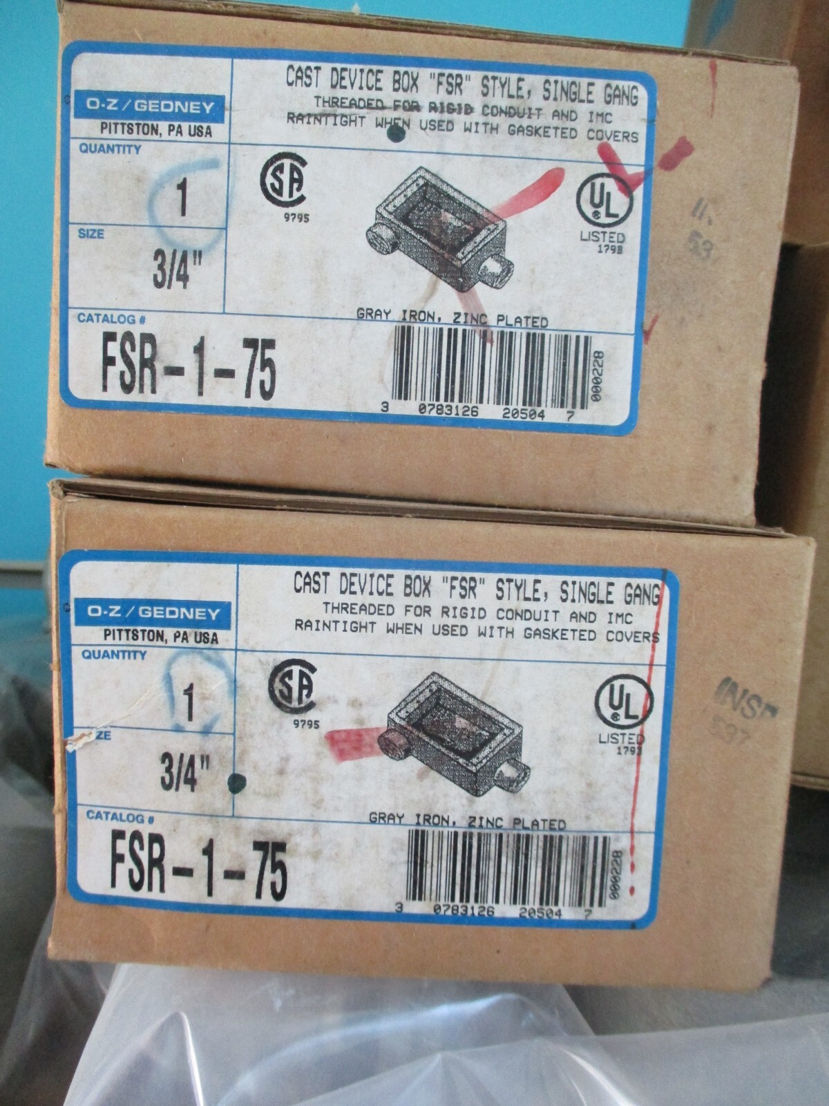 OZ Gedney FS box, CHOOSE Right or Left, FSR-1-75 OR FSL-1-75. 2 each type avail
