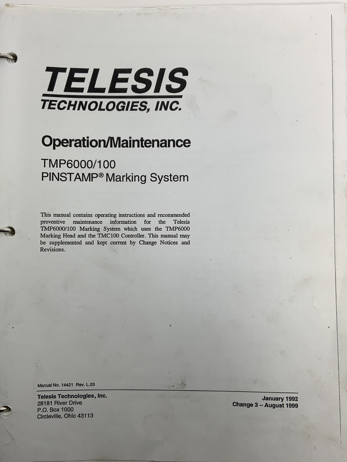 Telesis TMP6000 TMC100 Pinstamp Operation/Maintenance Manual & Floppy Software