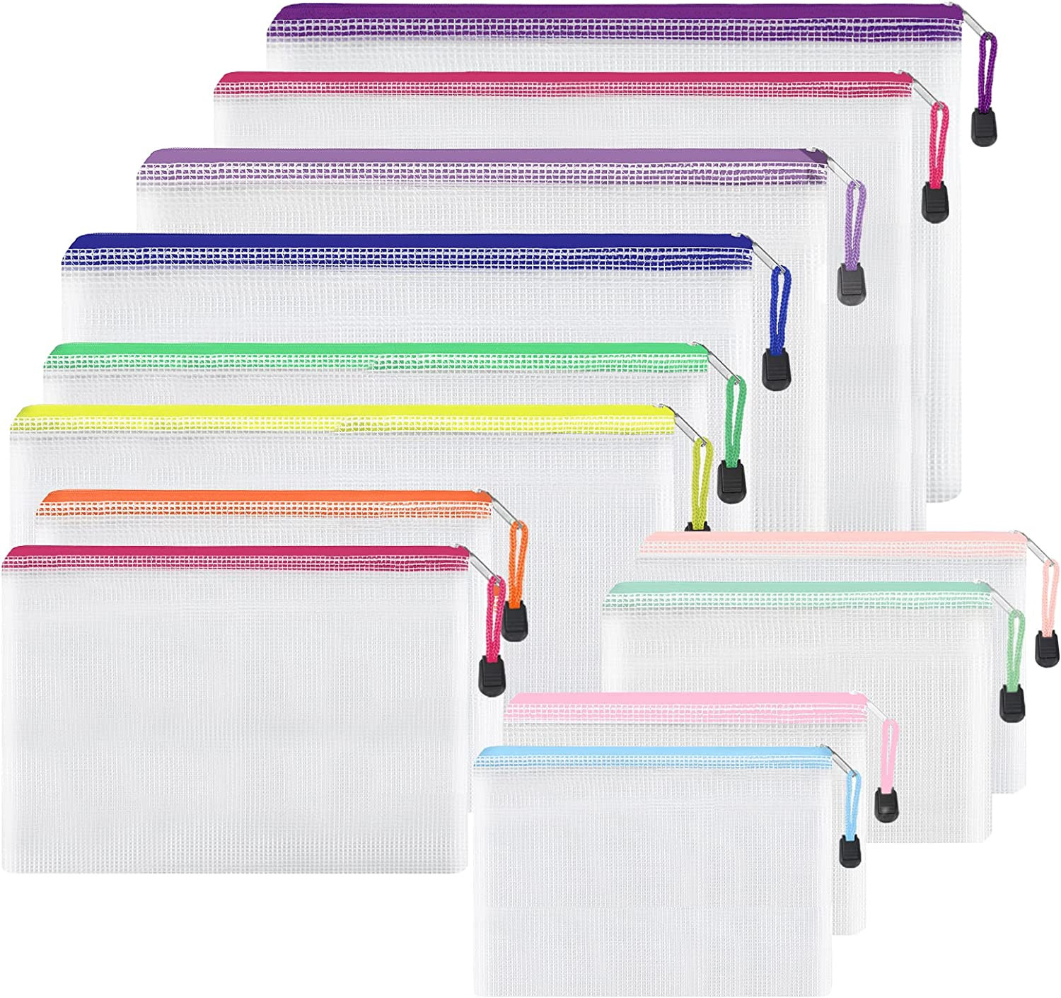 12Pcs Multi-Size Mesh Zipper Pouches, 6 Sizes, 12 Colors Waterproof
