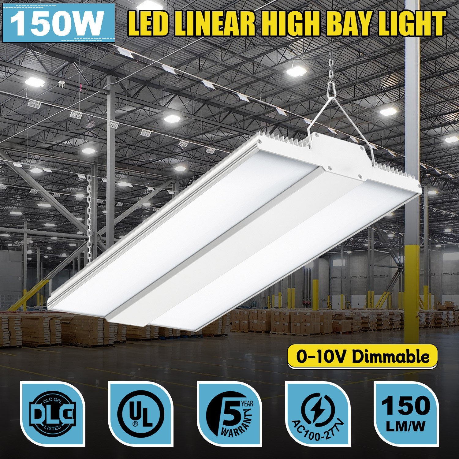 150W LED Linear High Bay Light, 22500lm Commercial Shop Lighting Fixture 5000K