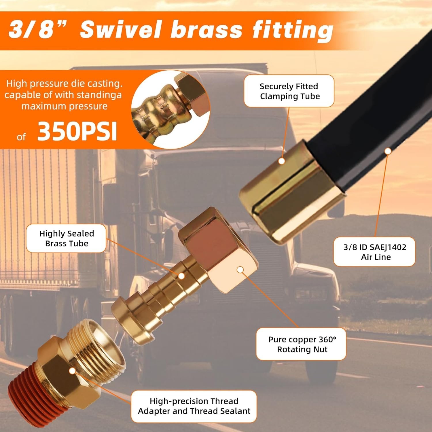 2PCS 3/8” Air Brake Chamber Hose, Dazakoot 3/8” Fit End x 3/8” Swivel End